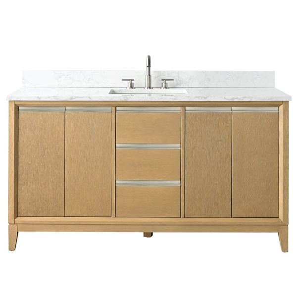 Vanity Art 60 W x 22 D x 34-in H Single Sink Bathroom Vanity w/ Engineered Marble Top - Natural Oak/White