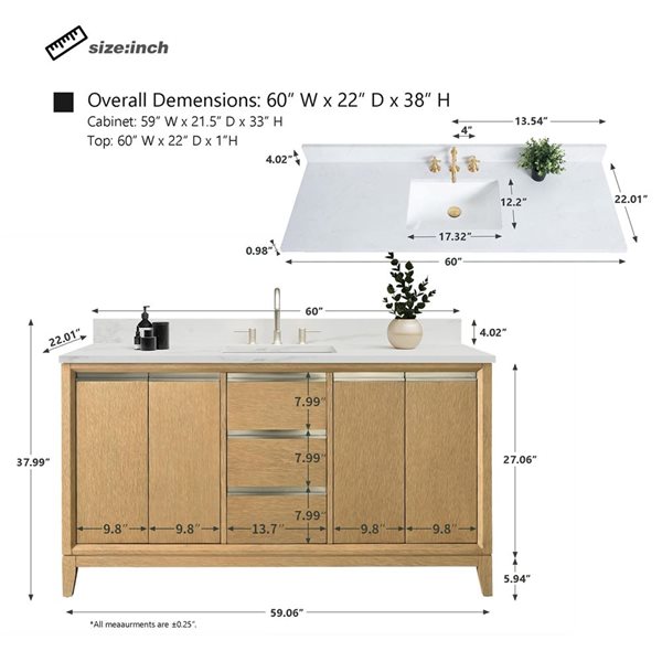 Vanity Art 60 W x 22 D x 34-in H Single Sink Bathroom Vanity w/ Engineered Marble Top - Natural Oak/White