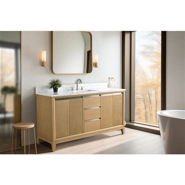 Vanity Art 60 W x 22 D x 34-in H Single Sink Bathroom Vanity w/ Engineered Marble Top - Natural Oak/White
