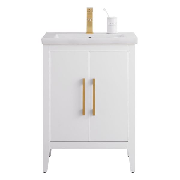 24 W X 19 D X 34-In H Single Sink Bathroom Vanity W/ceramic Top And Brushed Gold Handle - White, White/Gold
