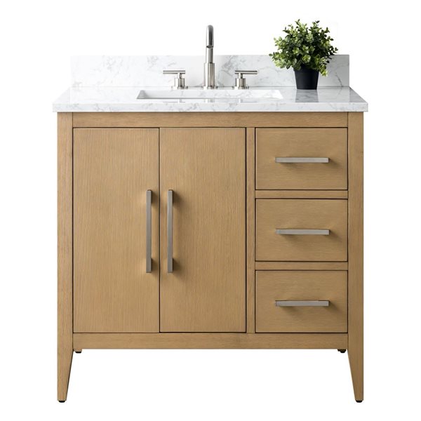 36-In W Single Sink Bathroom Vanity W/ Engineered Marble Top And Brushed Nickel Handle - Natural Oak, Marble/Nickel
