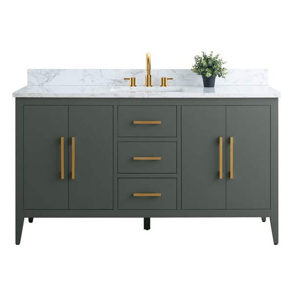 60-In W Single Sink Bathroom Vanity W/ Engineered Marble Top And Brushed Gold Handle - Vintage Green, Green/Red/Gold