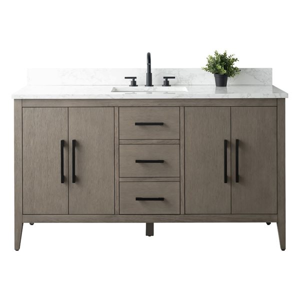60-In W Single Sink Bathroom Vanity W/ Engineered Marble Top And Matte Black Handle - Dark Grey, Black/Grey/Red