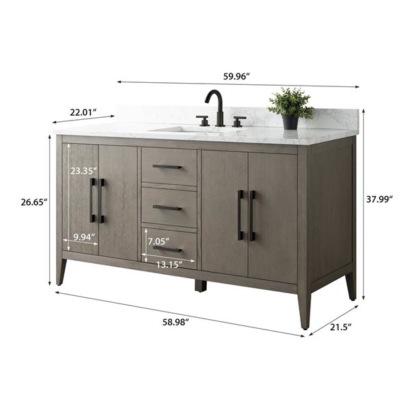 Vanity Art 60-in W Single Sink Bathroom Vanity w/ Engineered Marble Top and Matte Black Handle - Dark Grey