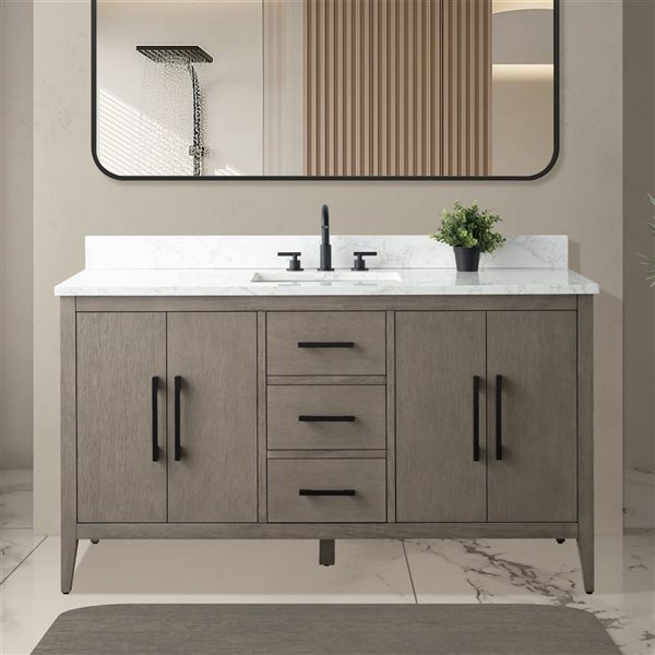 Vanity Art 60-in W Single Sink Bathroom Vanity w/ Engineered Marble Top and Matte Black Handle - Dark Grey