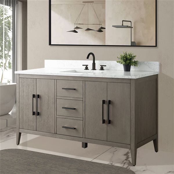 Vanity Art 60-in W Single Sink Bathroom Vanity w/ Engineered Marble Top and Matte Black Handle - Dark Grey