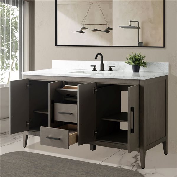 Vanity Art 60-in W Single Sink Bathroom Vanity w/ Engineered Marble Top and Matte Black Handle - Dark Grey