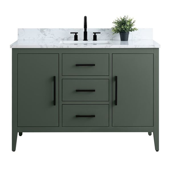 48-In W Single Sink Bathroom Vanity W/ Engineered Marble Top And Matte Black Handle - Vintage Green, Green/Black/Red