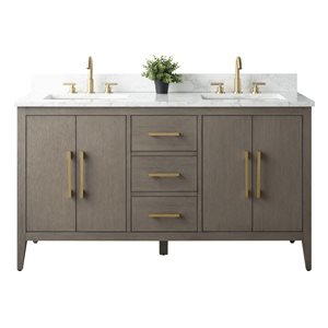 Meuble-lavabo double Vanity Art 60 l. x 19 p. x 34 po h. dessus marbre synthétique/poignée or brossé, gris foncé