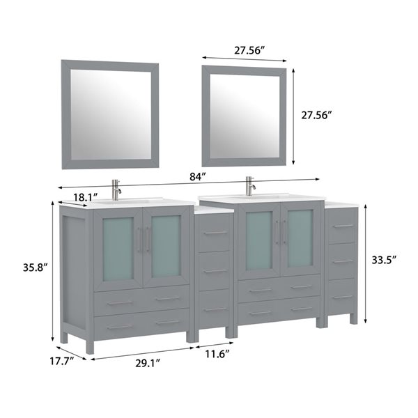 Vanity Art 84 W x 18 D x 36-in H Double Sink Bathroom Vanity w/ Ceramic Top and Mirrors - Grey/White