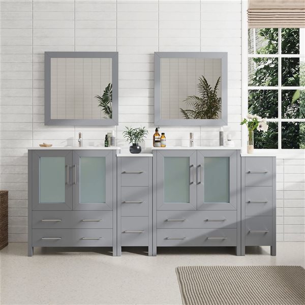Vanity Art 84 W x 18 D x 36-in H Double Sink Bathroom Vanity w/ Ceramic Top and Mirrors - Grey/White