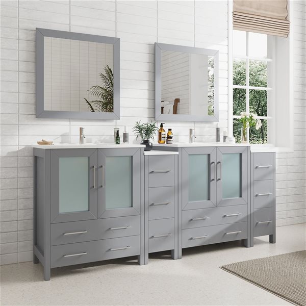 Vanity Art 84 W x 18 D x 36-in H Double Sink Bathroom Vanity w/ Ceramic Top and Mirrors - Grey/White