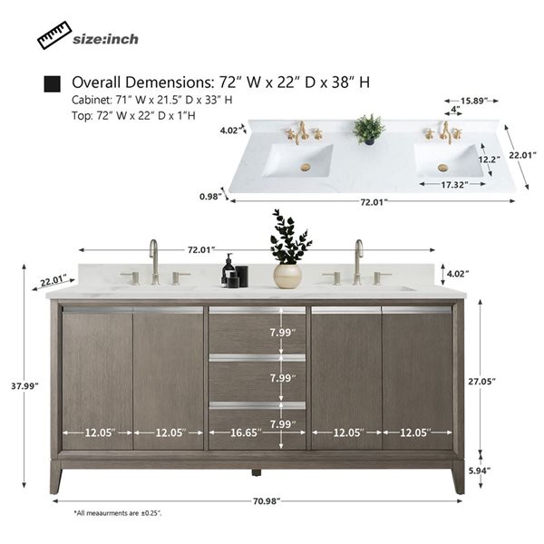 Vanity Art 72 W x 22 D x 34-in H Double Sink Bathroom Vanity w/ Engineered Marble Top - Grey/White