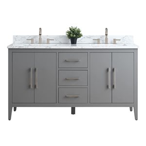 Meuble-lavabo double Vanity Art 60 l. x 19 p. x 34 po h. dessus marbre synthétique/poignée nickel brossé, gris
