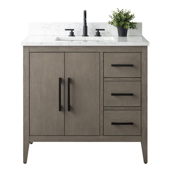 Vanity Art 36-in W Single Sink Bathroom Vanity w/ Engineered Marble Top and Matte Black Handle - Dark Grey