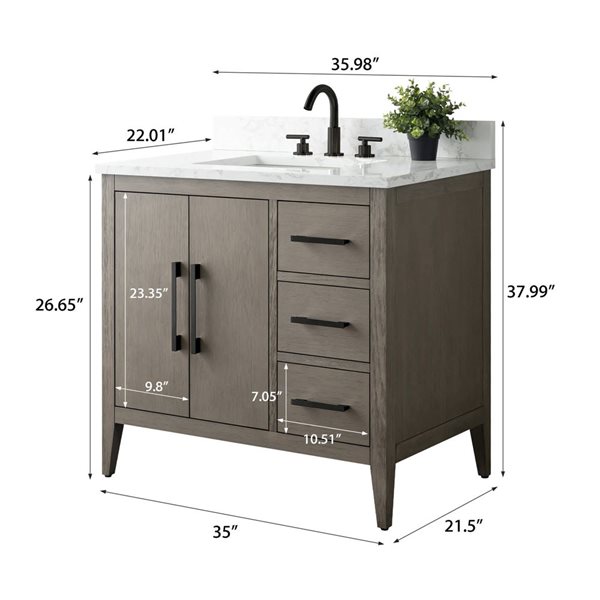 Vanity Art 36-in W Single Sink Bathroom Vanity w/ Engineered Marble Top and Matte Black Handle - Dark Grey