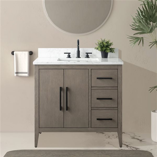 Vanity Art 36-in W Single Sink Bathroom Vanity w/ Engineered Marble Top and Matte Black Handle - Dark Grey
