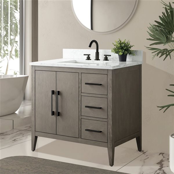 Vanity Art 36-in W Single Sink Bathroom Vanity w/ Engineered Marble Top and Matte Black Handle - Dark Grey