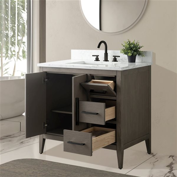 Vanity Art 36-in W Single Sink Bathroom Vanity w/ Engineered Marble Top and Matte Black Handle - Dark Grey