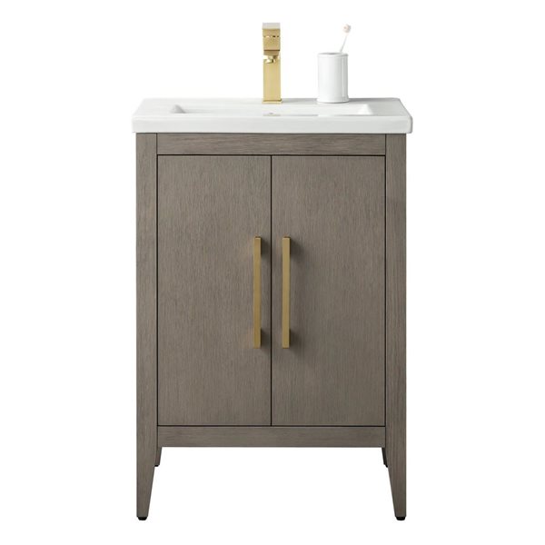 24 W X 19 D X 34-In H Single Sink Bathroom Vanity W/ Ceramic Top And Brushed Gold Handle - Dark Grey, Grey/Gold