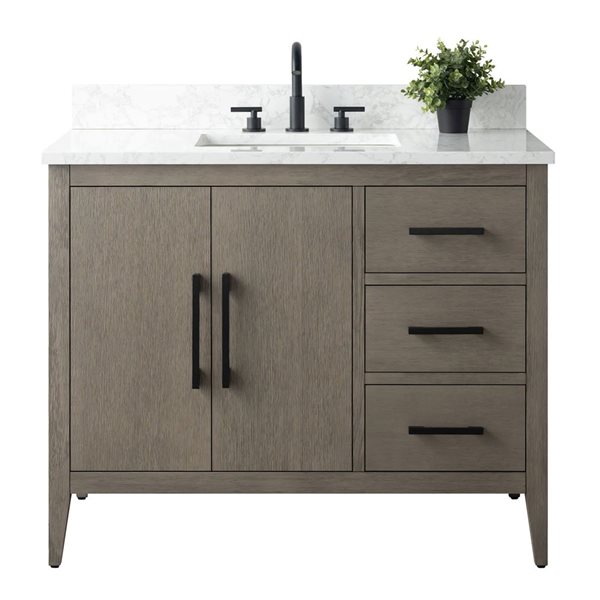 Vanity Art 42 W x 22 D x 34-in H Grey Wood Single Sink Bathroom Vanity w/ Engineered Marble Top and Matte Black Handle