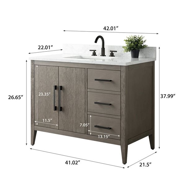 Vanity Art 42 W x 22 D x 34-in H Grey Wood Single Sink Bathroom Vanity w/ Engineered Marble Top and Matte Black Handle