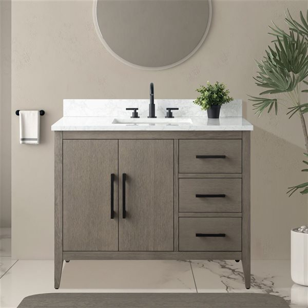 Vanity Art 42 W x 22 D x 34-in H Grey Wood Single Sink Bathroom Vanity w/ Engineered Marble Top and Matte Black Handle
