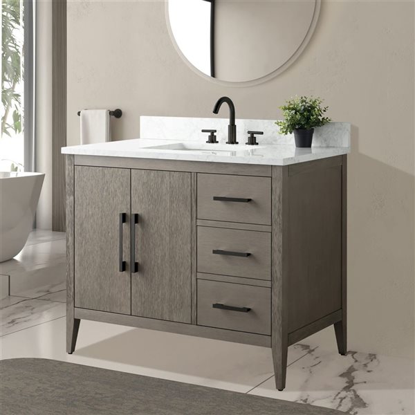 Vanity Art 42 W x 22 D x 34-in H Grey Wood Single Sink Bathroom Vanity w/ Engineered Marble Top and Matte Black Handle