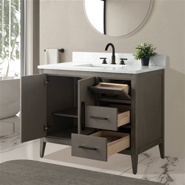 Vanity Art 42 W x 22 D x 34-in H Grey Wood Single Sink Bathroom Vanity w/ Engineered Marble Top and Matte Black Handle