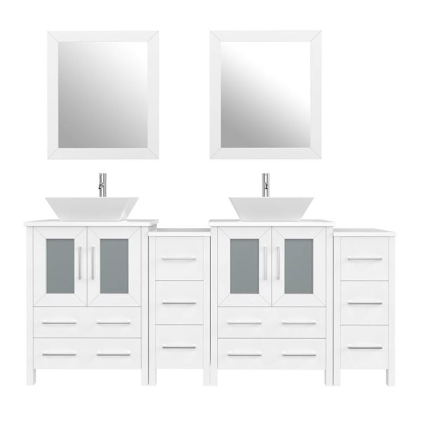 Vanity Art 72 W x 18 D x 36-in H White Double Sink Bathroom Vanity w/ White Engineered Marble and Mirrors