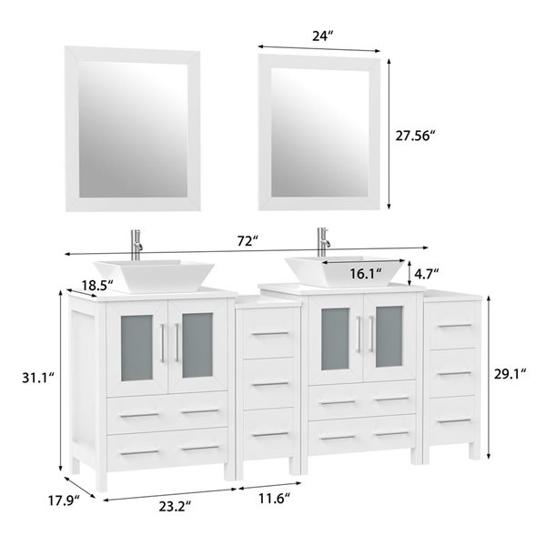 Vanity Art 72 W x 18 D x 36-in H White Double Sink Bathroom Vanity w/ White Engineered Marble and Mirrors