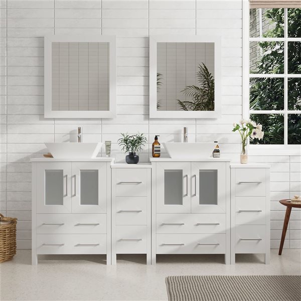 Vanity Art 72 W x 18 D x 36-in H White Double Sink Bathroom Vanity w/ White Engineered Marble and Mirrors