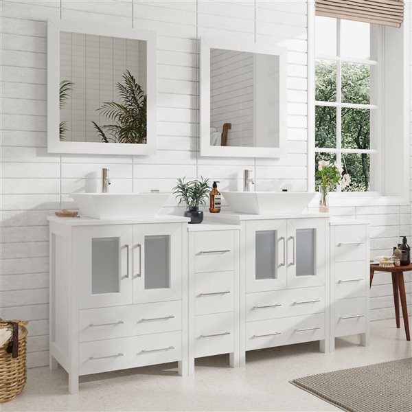 Vanity Art 72 W x 18 D x 36-in H White Double Sink Bathroom Vanity w/ White Engineered Marble and Mirrors