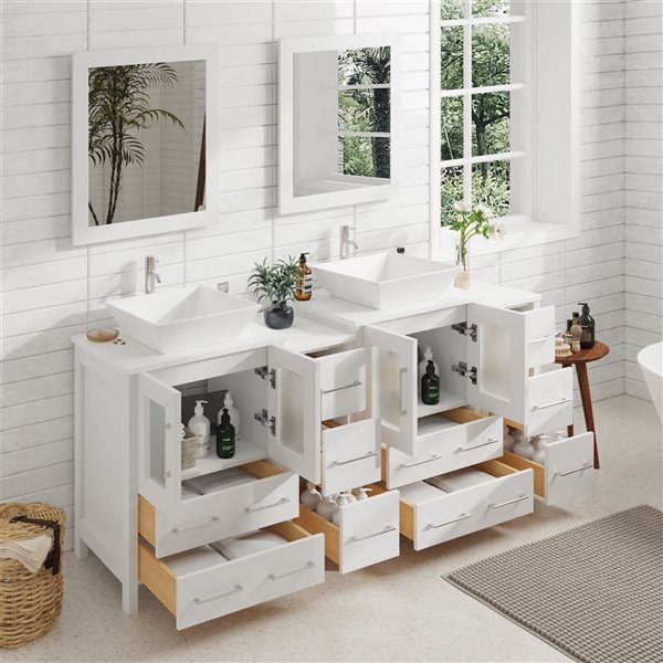 Vanity Art 72 W x 18 D x 36-in H White Double Sink Bathroom Vanity w/ White Engineered Marble and Mirrors