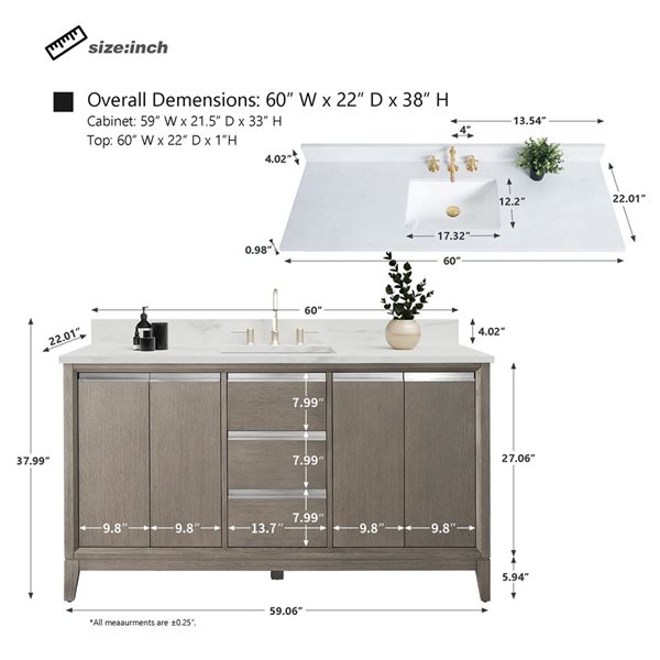 Vanity Art 60 W x 22 D x 34-in H Single Sink Bathroom Vanity w/ Engineered Marble Top - Grey/White