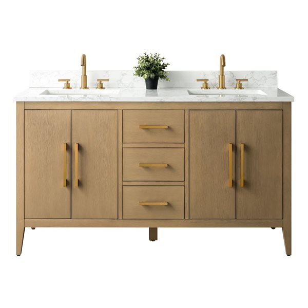 60 W X 22 D X 34-In H Brown Double Sink Bathroom Vanity W/ Engineered Marble Top And Golden Brushed Handle, Brown/Red/Gold