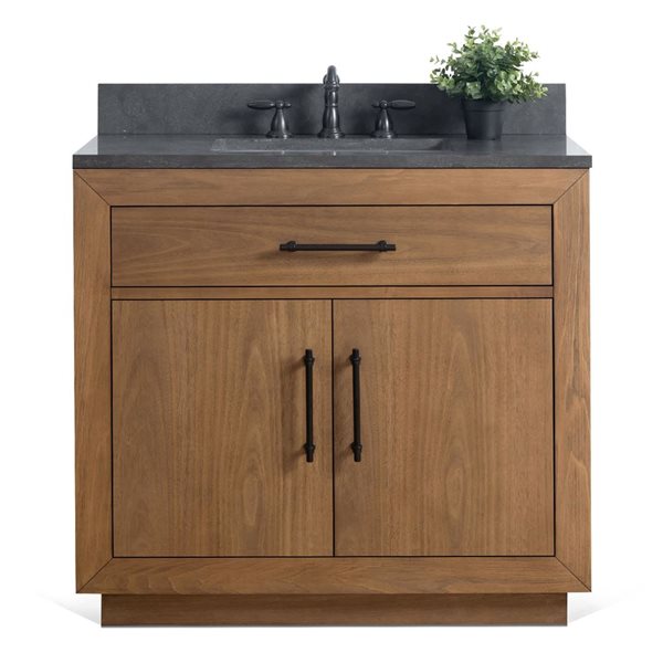 36 W X 22 D X 34-In H Brown Single Sink Bathroom Vanity W/ Black Limestone Top, Brown/Black/Lime