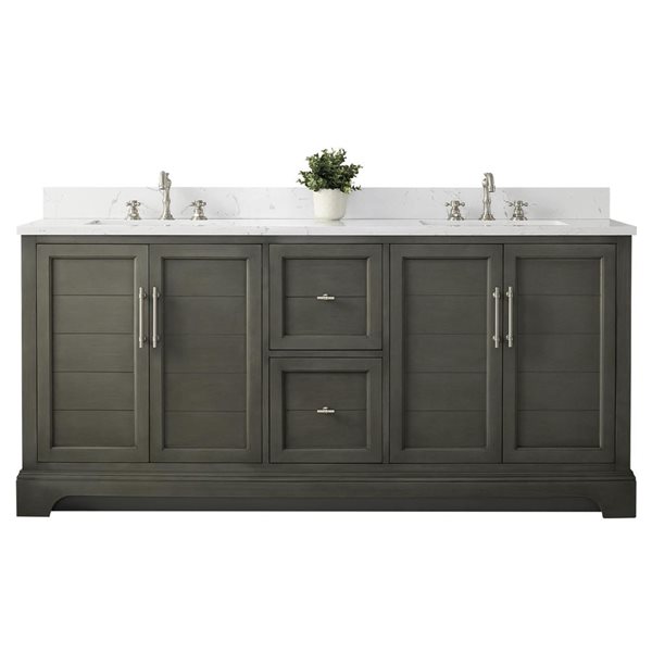 72 W X 22 D X 34-In H Grey Wood Double Sink Bathroom Vanity W/ White Engineered Marble, White/Grey/Red