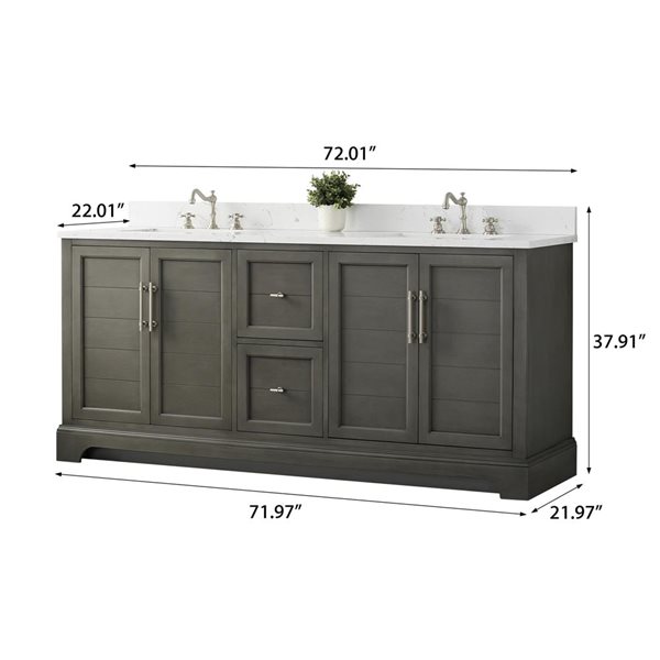 Vanity Art 72 W x 22 D x 34-in H Grey Wood Double Sink Bathroom Vanity w/ White Engineered Marble