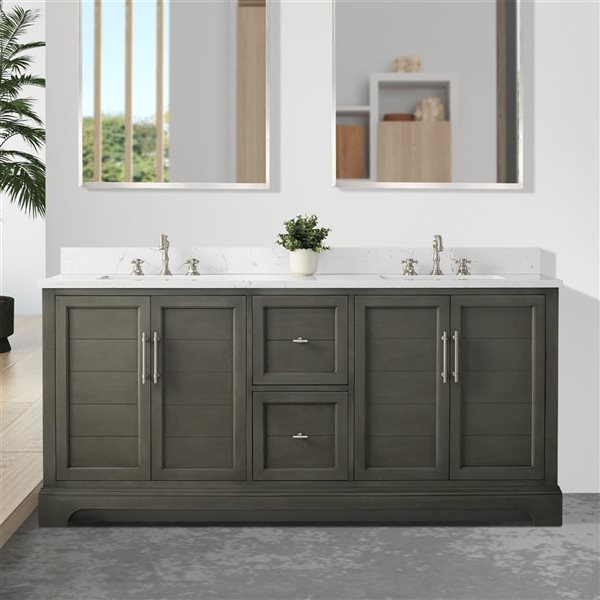 Vanity Art 72 W x 22 D x 34-in H Grey Wood Double Sink Bathroom Vanity w/ White Engineered Marble