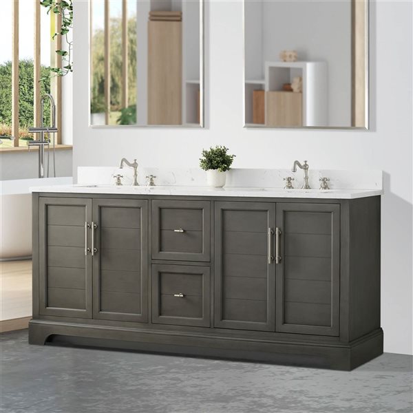 Vanity Art 72 W x 22 D x 34-in H Grey Wood Double Sink Bathroom Vanity w/ White Engineered Marble