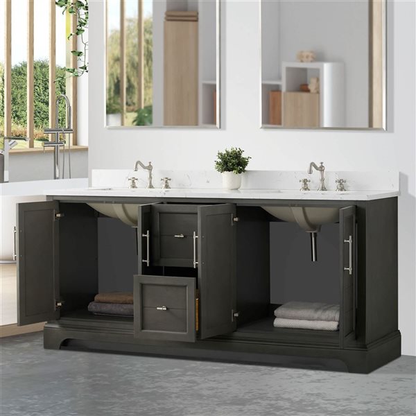 Vanity Art 72 W x 22 D x 34-in H Grey Wood Double Sink Bathroom Vanity w/ White Engineered Marble