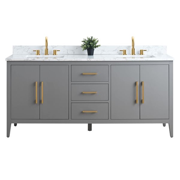 72 W X 22 D X 34-In H Grey Double Sink Bathroom Vanity W/ Engineered Marble And Golden Brushed Handle, Grey/Red/Gold