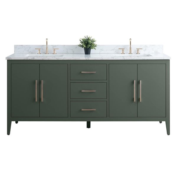 72 W X 22 D X 34-In H Green Double Sink Bathroom Vanity W/ White Engineered Marble And Brushed Nickel Handle, Green/White/Red, Marble/Nickel