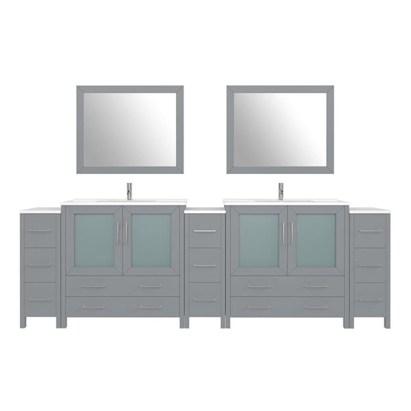 108 W X 18 D X 36-In H Grey Double Sink Bathroom Vanity W/ White Ceramic Top And Mirrors, White/Grey