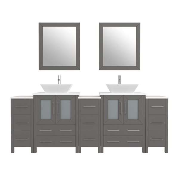 84 W X 18 D X 36-In H Grey Double Sink Bathroom Vanity W/ White Engineered Marble And Mirrors, White/Grey/Red