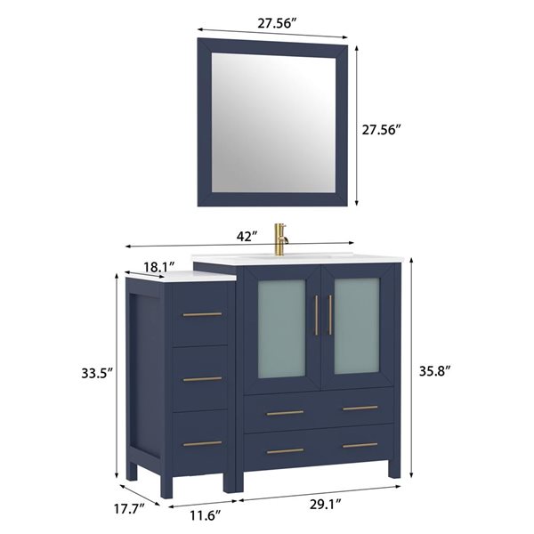 Vanity Art 42 W x 18 D x 36-in H Navy Single Sink Bathroom Vanity w/ White Ceramic Top and Mirror