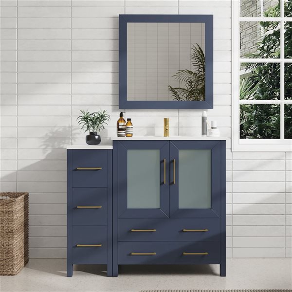 Vanity Art 42 W x 18 D x 36-in H Navy Single Sink Bathroom Vanity w/ White Ceramic Top and Mirror