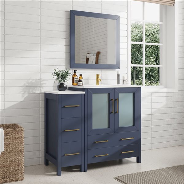 Vanity Art 42 W x 18 D x 36-in H Navy Single Sink Bathroom Vanity w/ White Ceramic Top and Mirror