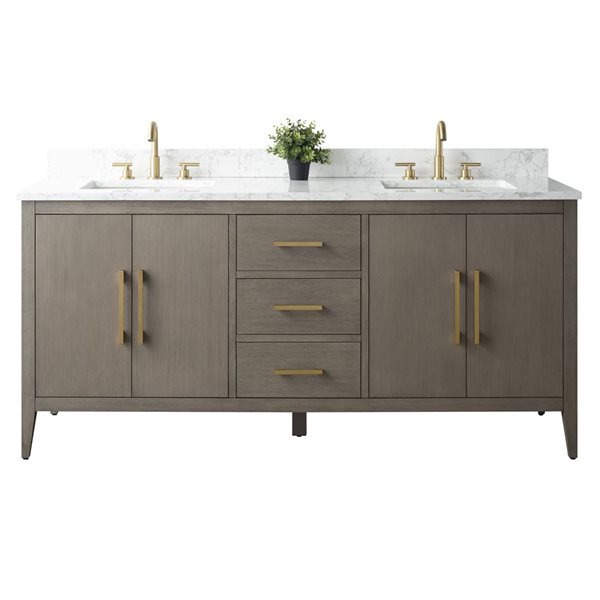 72 W X 22 D X 34-In H Grey Wood Double Sink Bathroom Vanity W/ Engineered Marble And Golden Brushed Handle, Grey/Red/Gold